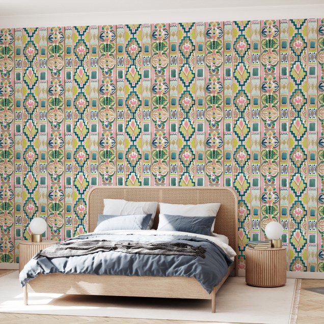 Tapet cu design abstract, in culori vibrante, cu motive geometrice si boeme