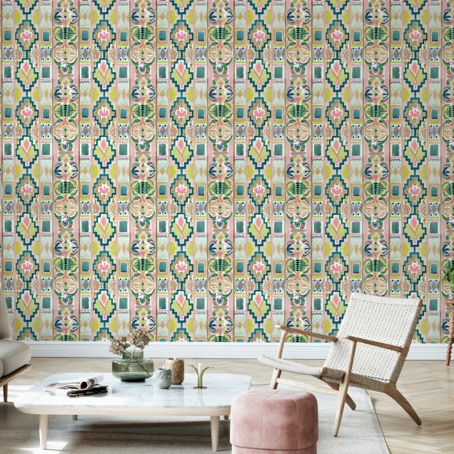 Tapet cu design abstract, in culori vibrante, cu motive geometrice si boeme