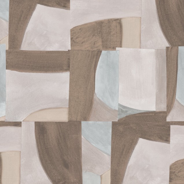 Tapet abstract cu design geometric, cu tonuri de maro si gri, in camera de zi
