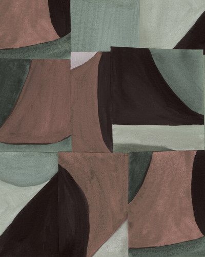 Wallpaper modern abstract cu tonuri de verde si maro, in care este prezentat un interior cu un fotoliu, o masuta si doua plante.