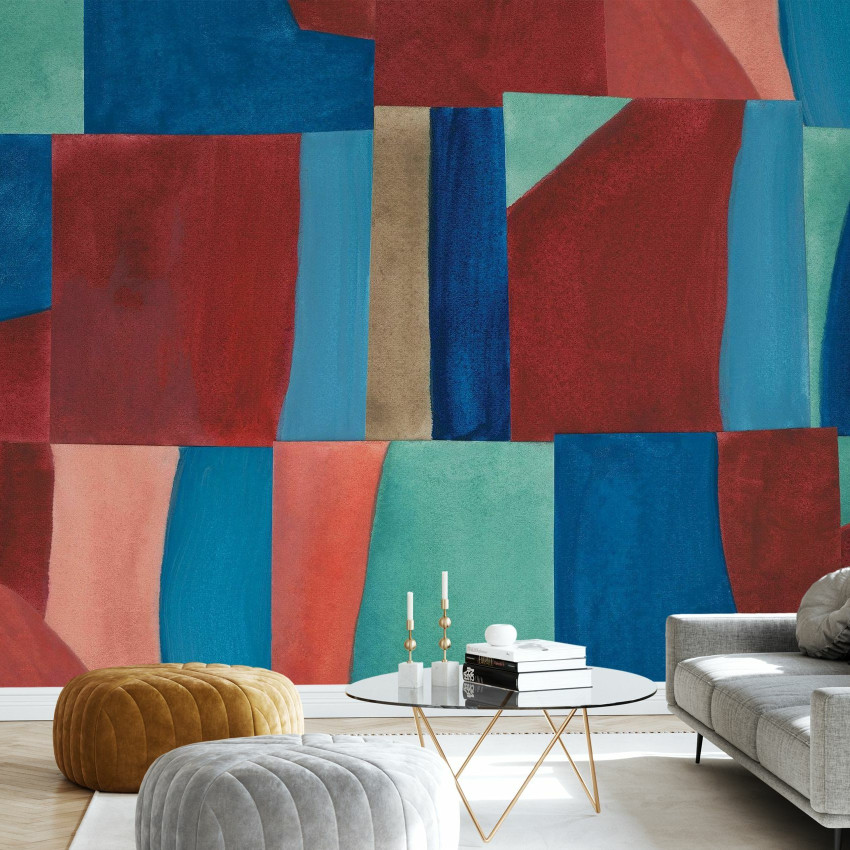 Tapet abstract modern cu nuanțe de maro, roz și verde, ideal pentru living sau dormitor