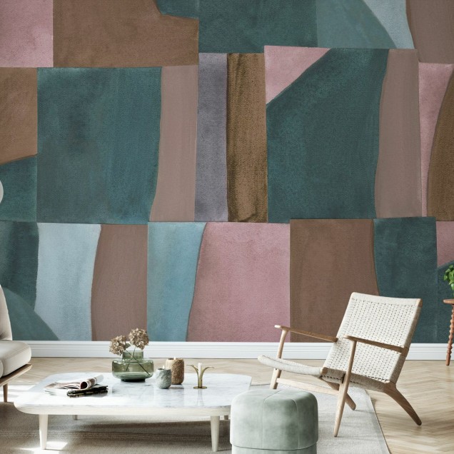 Tapet abstract modern cu nuanțe de maro, roz și verde, ideal pentru living sau dormitor