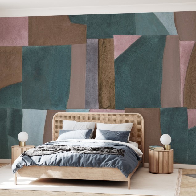 Tapet abstract modern cu nuanțe de maro, roz și verde, ideal pentru living sau dormitor