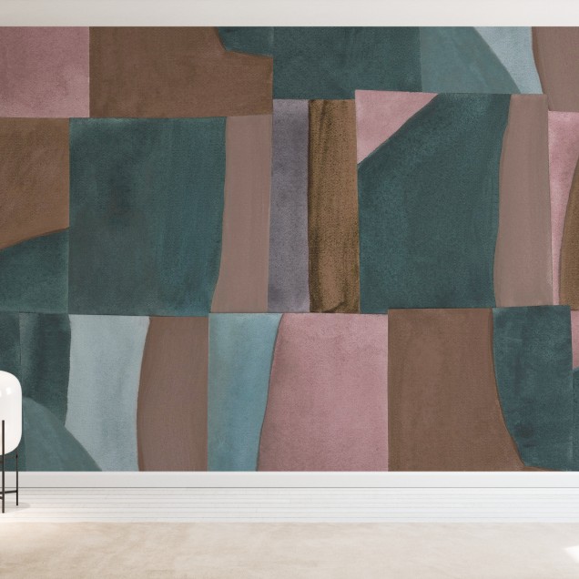 Tapet abstract modern cu nuanțe de maro, roz și verde, ideal pentru living sau dormitor