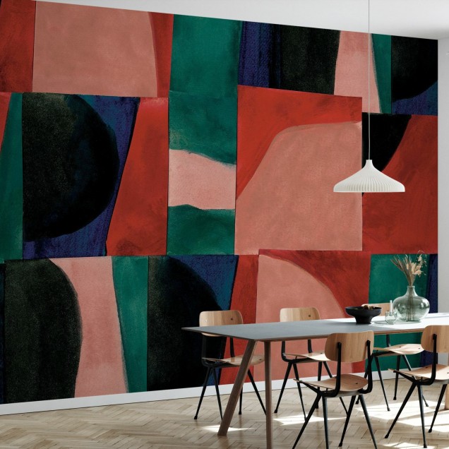 Wallpaper abstract cu forme geometrice in culori vibrante.