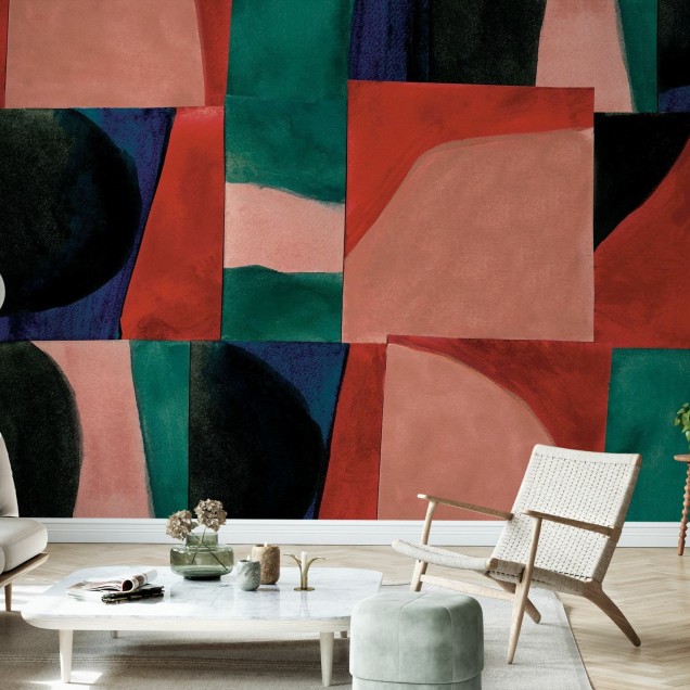 Wallpaper abstract cu forme geometrice in culori vibrante.
