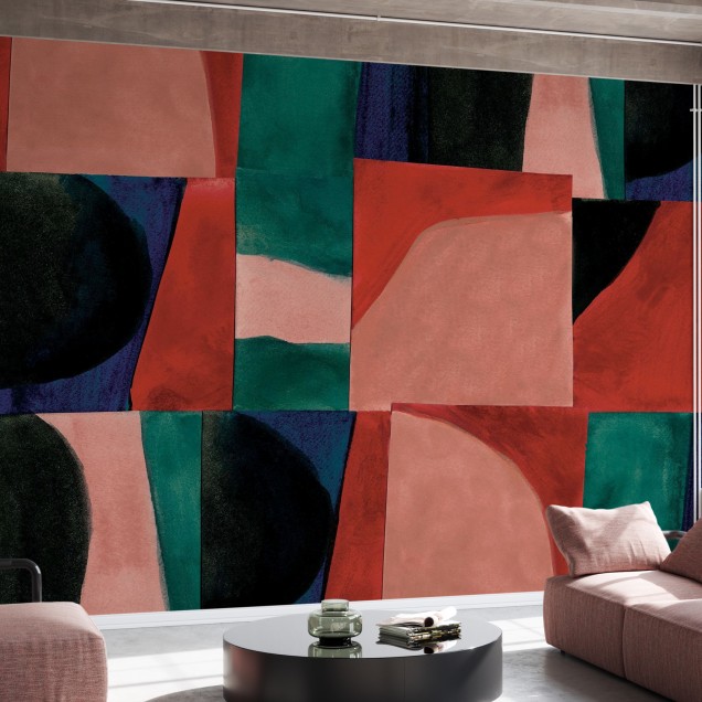 Wallpaper abstract cu forme geometrice in culori vibrante.