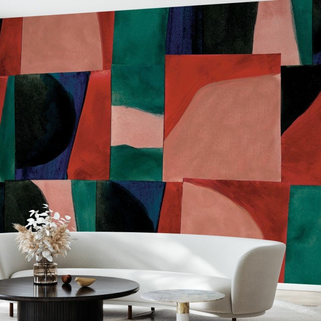 Wallpaper abstract cu forme geometrice in culori vibrante.