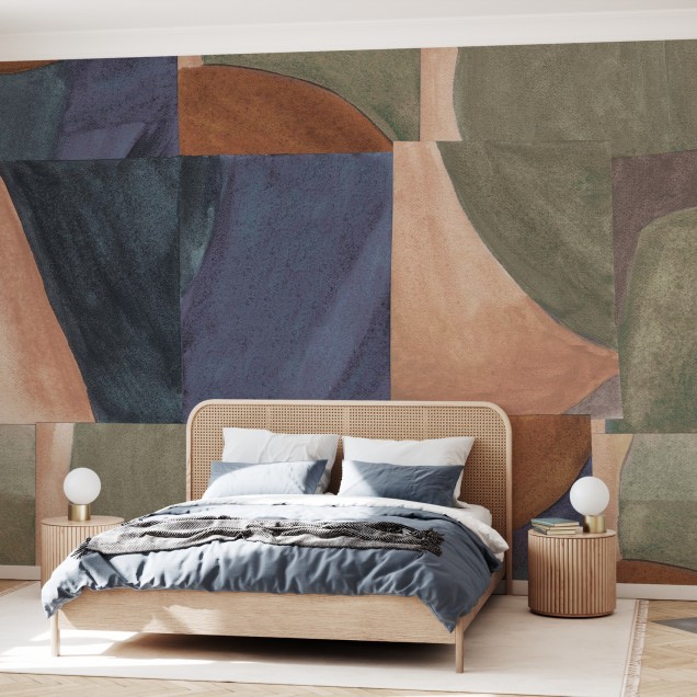 Wallpaper geometric abstract cu motive în nuanțe de maro, verde și albastru
