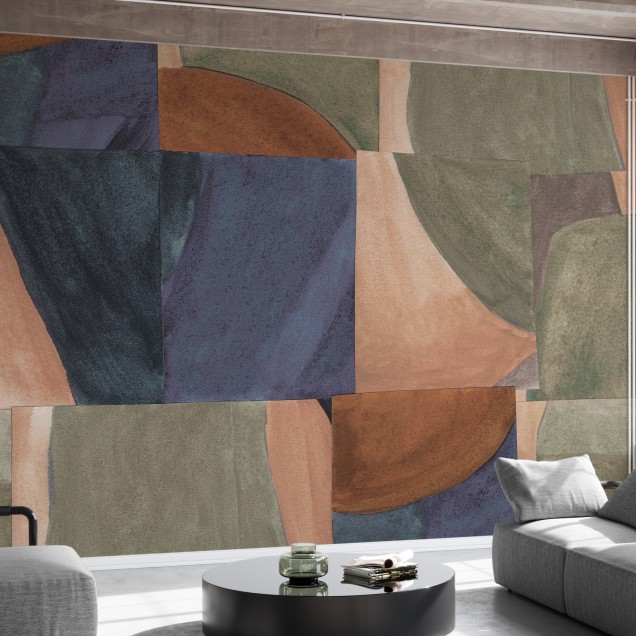 Wallpaper geometric abstract cu motive în nuanțe de maro, verde și albastru