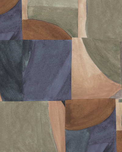 Wallpaper geometric abstract cu motive în nuanțe de maro, verde și albastru