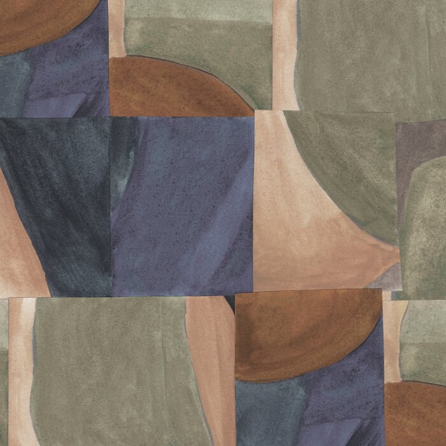 Wallpaper geometric abstract cu motive în nuanțe de maro, verde și albastru