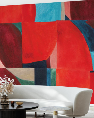 Tapet abstract modern cu roșu aprins, albastru și verde, ideal pentru living.