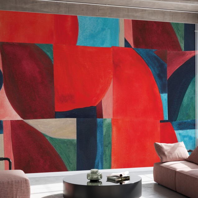 Tapet abstract modern cu roșu aprins, albastru și verde, ideal pentru living.