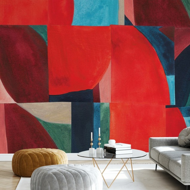 Tapet abstract modern cu roșu aprins, albastru și verde, ideal pentru living.