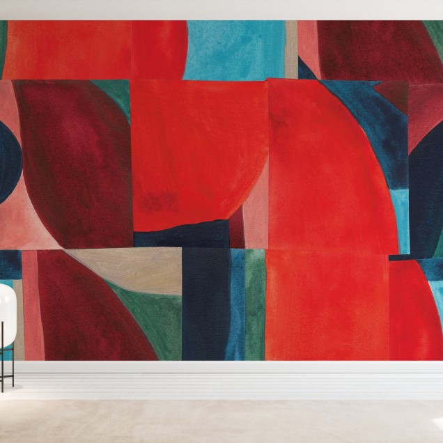 Tapet abstract modern cu roșu aprins, albastru și verde, ideal pentru living.