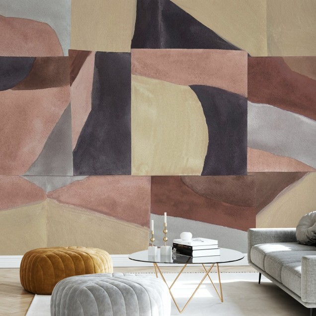 Tapet cu design abstract geometric în nuanțe de maro și gri