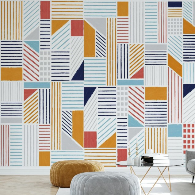 Tapet geometric abstract cu culori vibrante, perfect pentru a crea un decor modern și elegant.