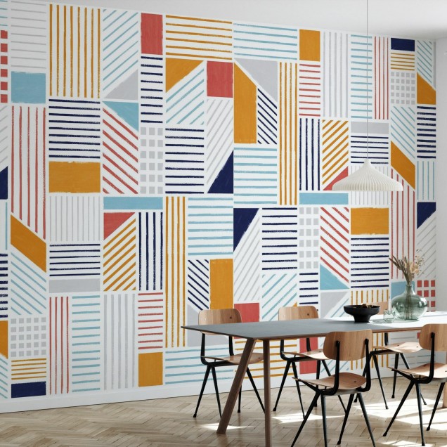 Tapet geometric abstract cu culori vibrante, perfect pentru a crea un decor modern și elegant.