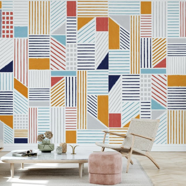 Tapet geometric abstract cu culori vibrante, perfect pentru a crea un decor modern și elegant.