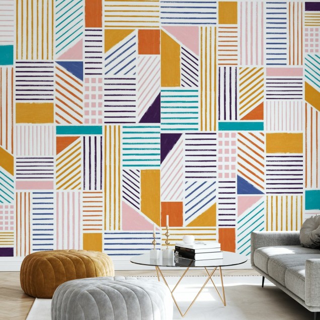Tapet abstract Cityscape, Winter, cu linii colorate, cu accente de galben, portocaliu, roz si turcoaz, perfect pentru a crea o atmosfera dinamica si moderna in casa dumneavoastra. Patternul geometric si abstract al tapetului adauga un plus de originalitat