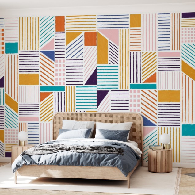 Tapet abstract Cityscape, Winter, cu linii colorate, cu accente de galben, portocaliu, roz si turcoaz, perfect pentru a crea o atmosfera dinamica si moderna in casa dumneavoastra. Patternul geometric si abstract al tapetului adauga un plus de originalitat