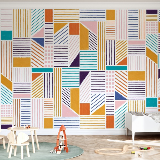Tapet abstract Cityscape, Winter, cu linii colorate, cu accente de galben, portocaliu, roz si turcoaz, perfect pentru a crea o atmosfera dinamica si moderna in casa dumneavoastra. Patternul geometric si abstract al tapetului adauga un plus de originalitat