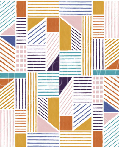 Tapet abstract Cityscape, Winter, cu linii colorate, cu accente de galben, portocaliu, roz si turcoaz, perfect pentru a crea o atmosfera dinamica si moderna in casa dumneavoastra. Patternul geometric si abstract al tapetului adauga un plus de originalitat