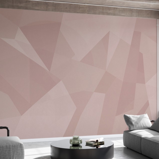 Tapet geometric în nuanțe pastelate de roz, cu design minimalist.