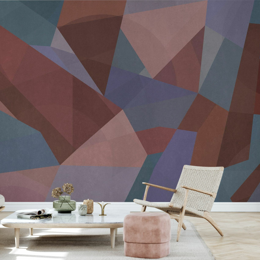 Geometric, Wood, Photowall - Tapet abstract cu design geometric, în nuanțe de verde, maro și crem.