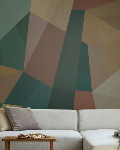 Geometric, Wood, Photowall - Tapet abstract cu design geometric, în nuanțe de verde, maro și crem.
