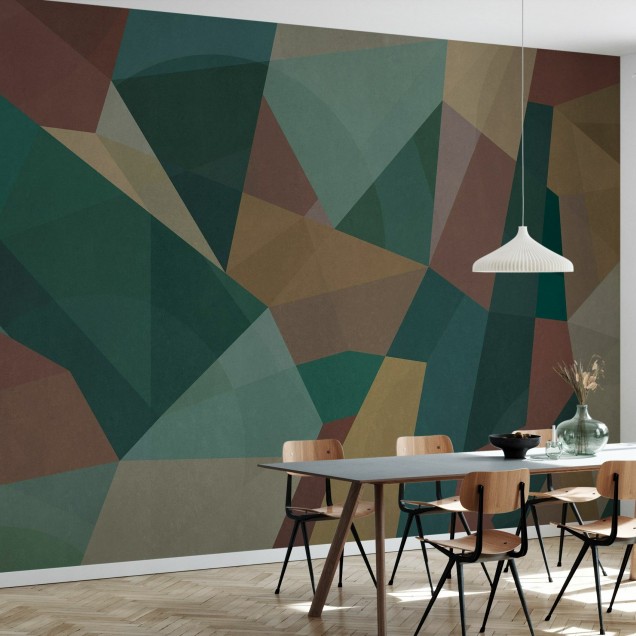 Geometric, Wood, Photowall - Tapet abstract cu design geometric, în nuanțe de verde, maro și crem.