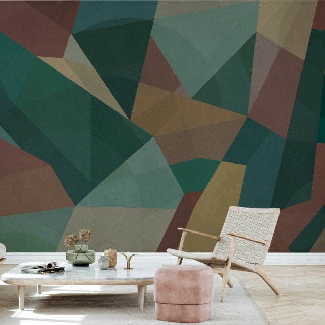 Geometric, Wood, Photowall - Tapet abstract cu design geometric, în nuanțe de verde, maro și crem.