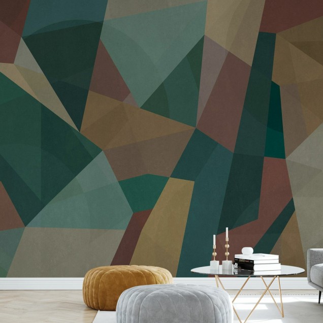 Geometric, Wood, Photowall - Tapet abstract cu design geometric, în nuanțe de verde, maro și crem.