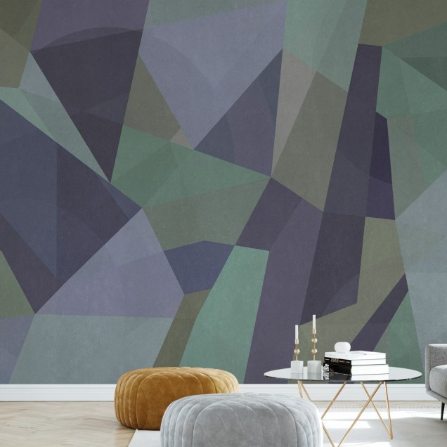 Tapet geometric cu nuanțe de mentă, albastru și gri, perfect pentru sufragerie, dormitor sau birou.