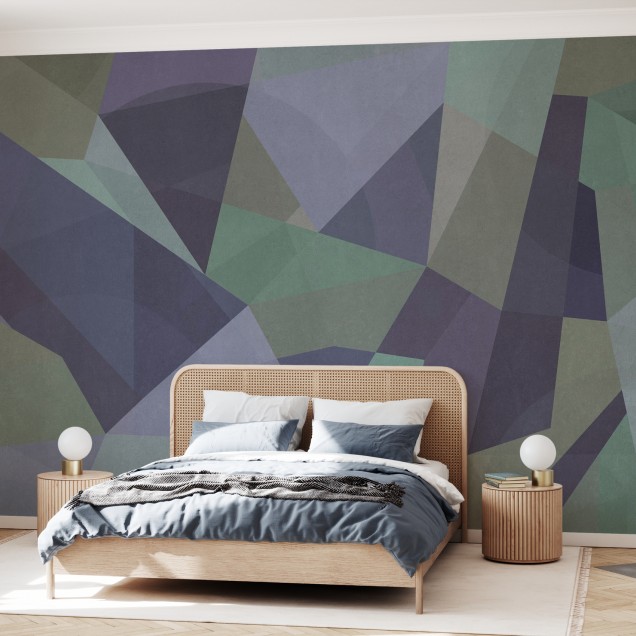 Tapet geometric cu nuanțe de mentă, albastru și gri, perfect pentru sufragerie, dormitor sau birou.