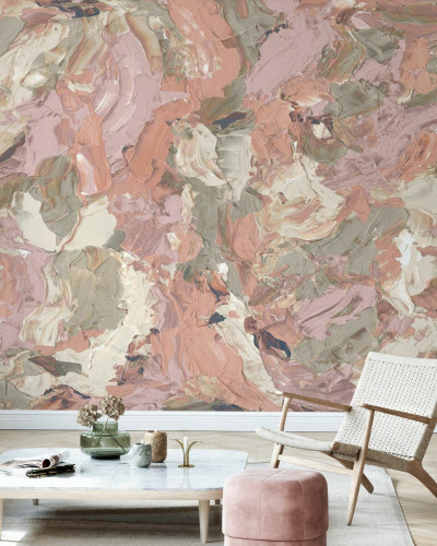 Wallpaper abstract modern cu nuanțe calde de caisă, crem și gri.
