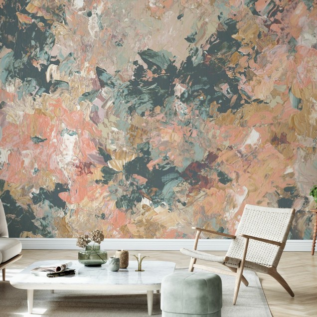Tapet cu design abstract pictural, nuanțe calde și luminoase, perfect pentru dormitoare, livinguri sau birouri.