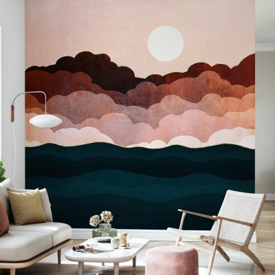 Tapet cu un design abstract de nori si valuri, in nuante de roz, maro si auriu.