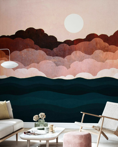 Tapet cu un design abstract de nori si valuri, in nuante de roz, maro si auriu.