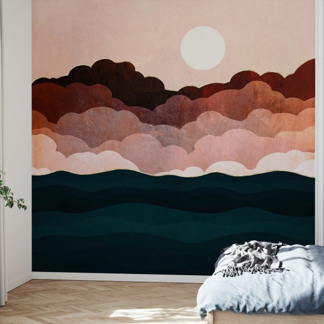 Tapet cu un design abstract de nori si valuri, in nuante de roz, maro si auriu.
