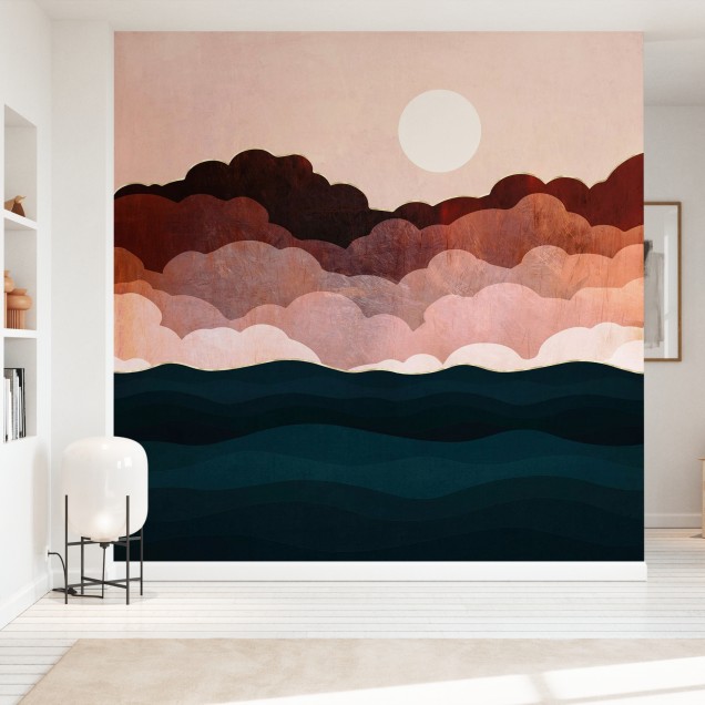 Tapet cu un design abstract de nori si valuri, in nuante de roz, maro si auriu.