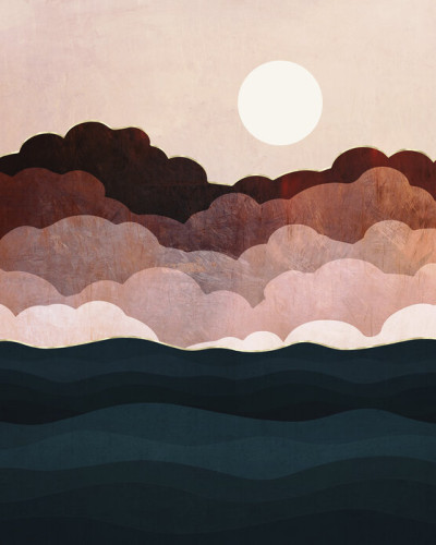 Tapet cu un design abstract de nori si valuri, in nuante de roz, maro si auriu.