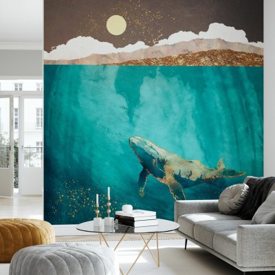 Tapet cu o balenă aurie ce înoată printr-un ocean turcoaz, decorat cu sclipiri aurii.