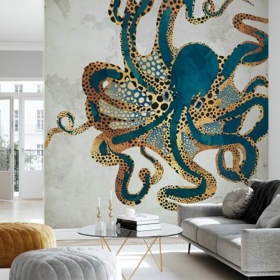 Tapet Underwater Dream III cu un caracatiță cu tentacule ornamentate în nuanțe de auriu și albastru pe un fundal texturat.