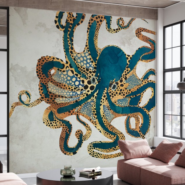 Tapet Underwater Dream III cu un caracatiță cu tentacule ornamentate în nuanțe de auriu și albastru pe un fundal texturat.