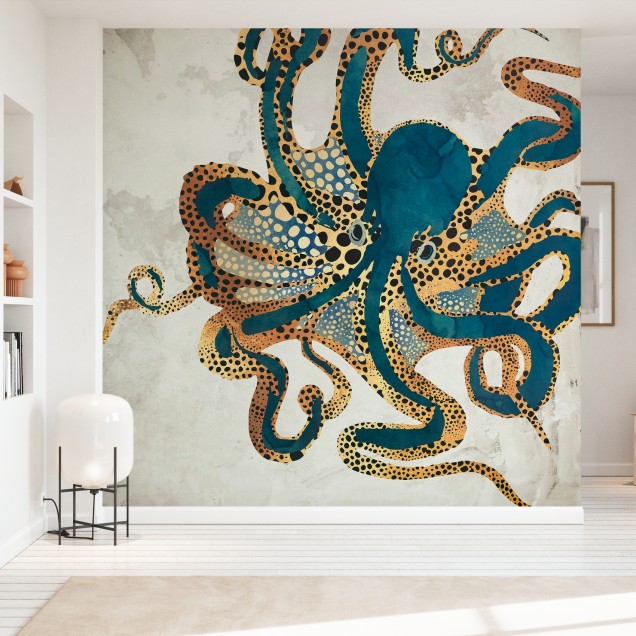 Tapet Underwater Dream III cu un caracatiță cu tentacule ornamentate în nuanțe de auriu și albastru pe un fundal texturat.