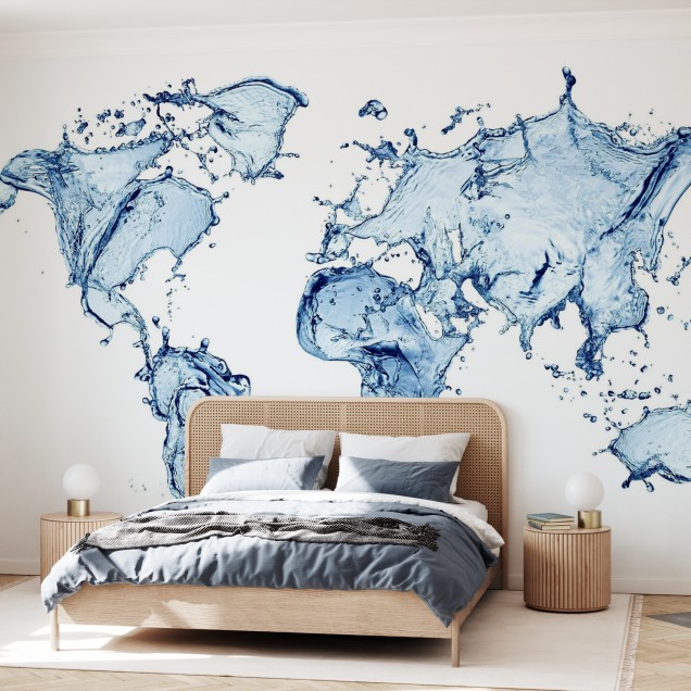Tapet Water World, cu design modern, reprezentând o hartă a lumii realizată din stropi de apă