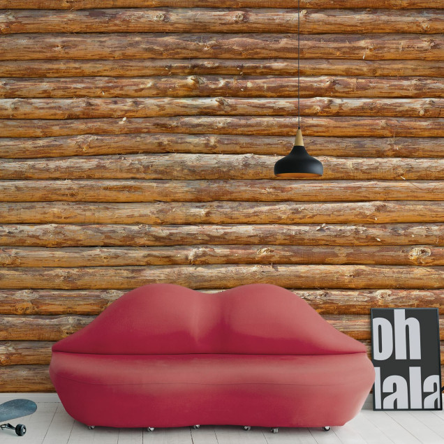 Tapet fotorealistic cu aspect de bușteni din lemn într-o cameră de copii