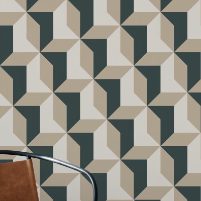 Tapet geometric cu blocuri colorate în verde și bej.